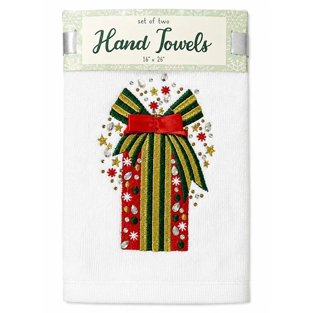 Christmas Present Hand Towels Set of 2 White Embroidered Rhinestone Holiday